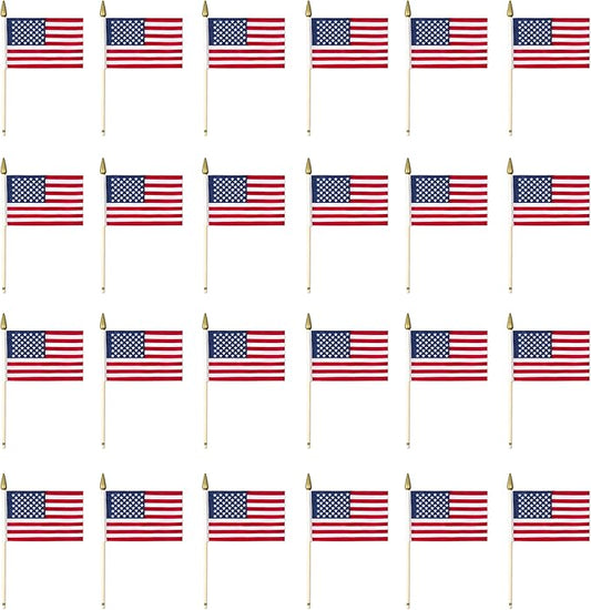 Polyester Fabric American Flags With Wooden Sticks 24 Piece Patriotic Decorations 4th Of July Labor Day Party Supplies