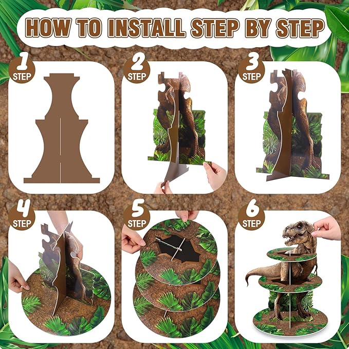 Censen 3 Tier Dinosaur Cupcake Stand Party Decorations Dinosaur Theme Cupcake Holder Decorations Dino Dessert Tower for Kids Dino Jungle Theme Party Birthday Supplies(Classic)
