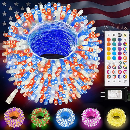 LitHome Color Changing Christmas String Lights Connectable, 35 Colors 66Ft 200 LED Red White and Blue String Lights Outdoor with Remote, 4th of July Light Plug in for Tree Party Independence Day Decor