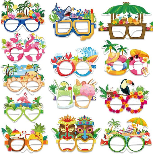 Qpout 26 Pack Luau Party Decorations Glasses Funny Hawaiian Paper Eyeglasses Tropical Fancy Dress Props Glasses Frame for Summer Beach Hawaii Holiday Party Themed Favors Supplies Decorationk