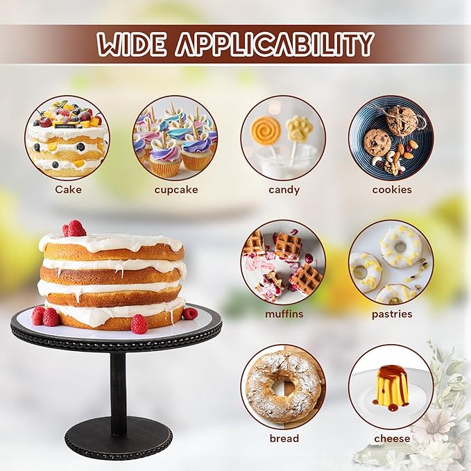 GENMOUS 8", 10", 12" Rustic Farmhouse Cake Stand, Decorative Wooden Beaded Cake and Cupcake Stand Combo for Birthday Party Decor, 3 Tiered Dessert Table Display Set for Wedding, Baby Shower, Black