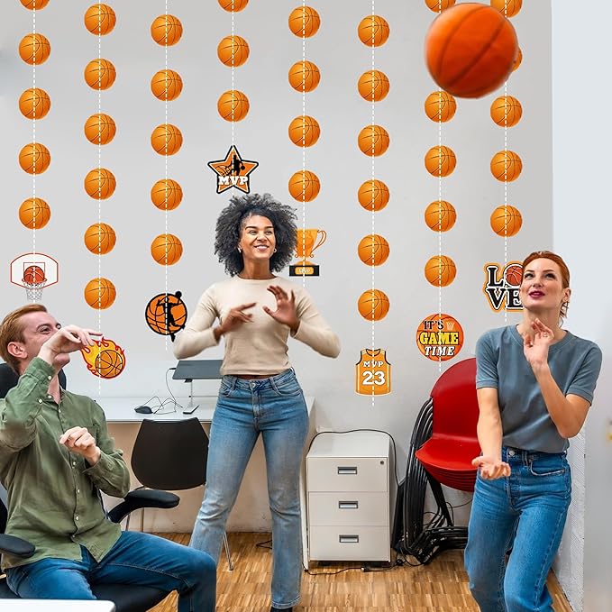 Basketball Party Decorations 8 Pcs Basketball Garland Banner Pre-Strung Basketball Hanging Garland Decor for Home Classroom Sports Themed Birthday Party Game Fans