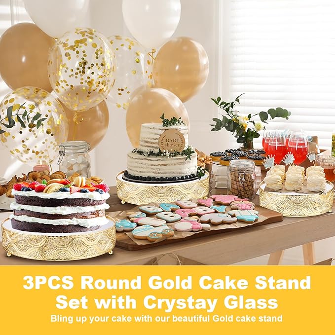 Skylety Set of 3 Round Wedding Cake Stand 10'' 12'' 14'' Metal Dessert Display Stand with Glossy Mirror Dessert Cupcake Cookies Holder for Wedding, Event, Birthday Party(Gold)