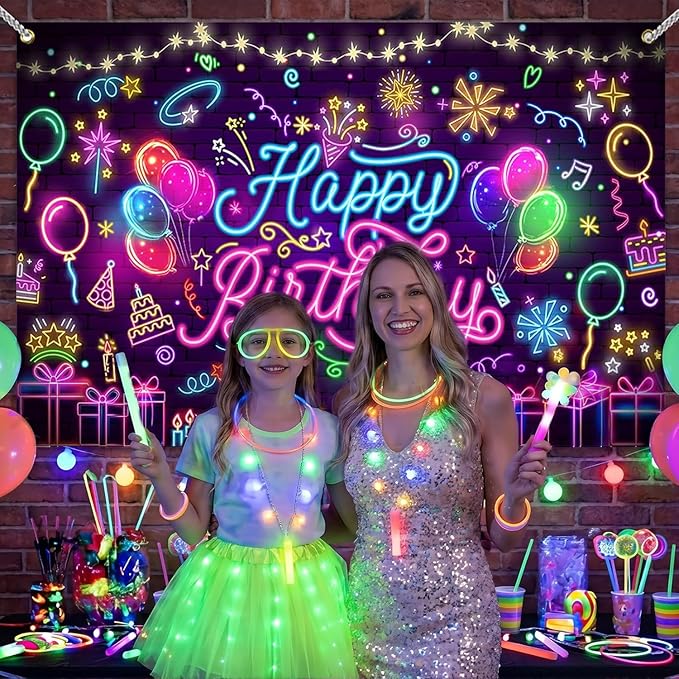 Mocsicka Neon Happy Birthday Banner Backdrop Glow in The Dark Graffiti Party Backdrop Decorations for Kids Adults Mustic Let's Glow Birthday Background Party Decorations (Purple, 8x6ft (96x72 inch))