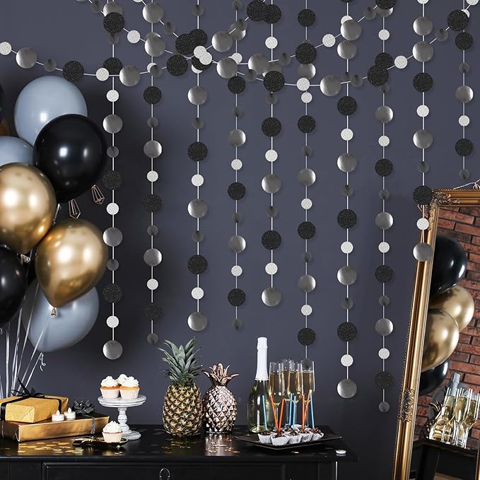 Outus 10 Pieces Black,Silver Round Dots Garland Graduation Party Hanging Decor Each Length 13.1ft Glitter Paper Dot Streamers for Birthday Wedding Classroom Supplies