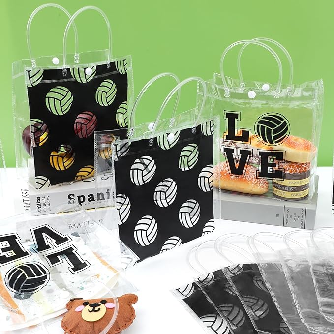 Lonfliness 24Pcs Volleyball Clear PVC Gift Bags With Handles Bulk Sport Theme Goodie Treat Candy Bags Team Present Wrap Bags for Boys Birthday Party Favor Baby Shower Decorations Supplies 8 x 8 x 3in