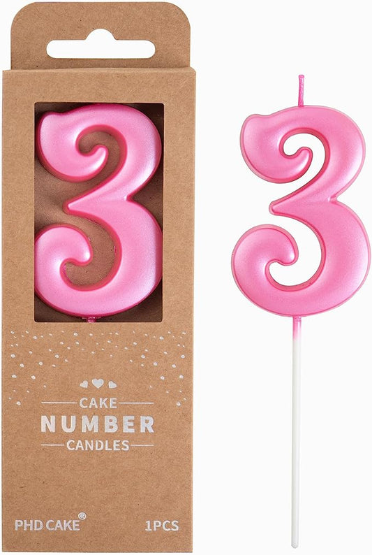 PHD CAKE 2.76 Inch Elegant Pink 3 Number Birthday Candles, Pink Number Candles, Cake Number Candles, Party Celebration