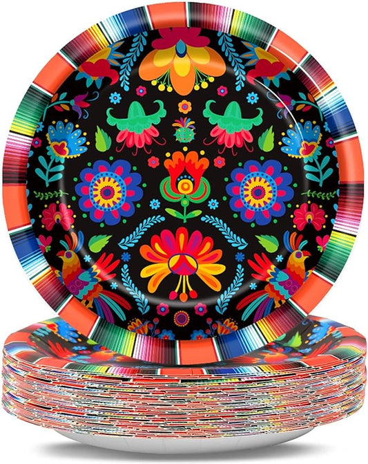 48PCS Mexican Fiesta Paper Plates 7" Fiesta Party Plates Disposable,Mexico Mayo Dessert Plate Supplies Decor for Day of The Dead Dia De Los Muertos Taco Dance Pinata Colorful Ponchos Dinner Tableware