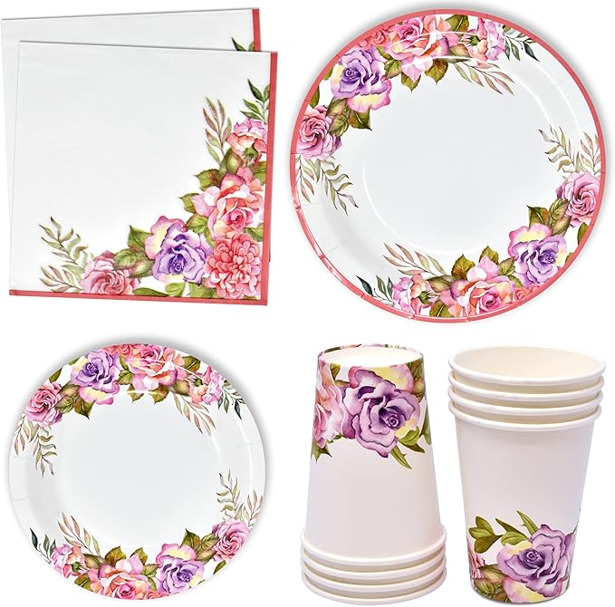 Gift Boutique 96 Pcs Floral Pink & Purple Flower Party Supplies Set Paper Plate Cup Napkin for Girl Baby Shower Tea Birthday Flowers Disposable Tableware Serves 24