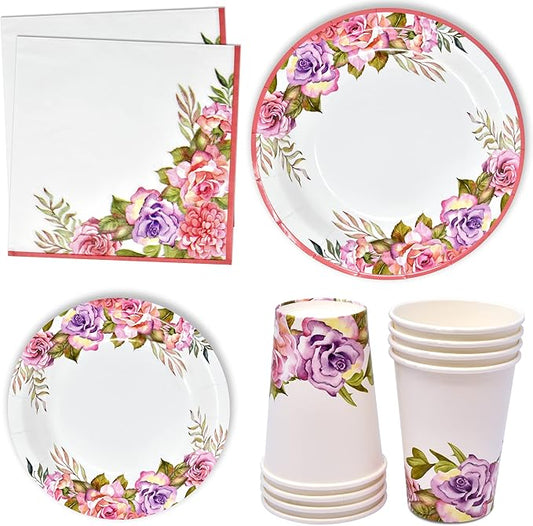 Gift Boutique 96 Pcs Floral Pink & Purple Flower Party Supplies Set Paper Plate Cup Napkin for Girl Baby Shower Tea Birthday Flowers Disposable Tableware Serves 24