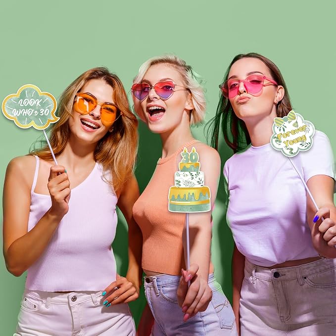 30th Birthday Photo Booth Props Signs,25pcs Sage Green and Gold Birthday Party Selfie Props with Sticks for Her Women,Dirty Thirty,Greenery Happy 30th 30 Birthday Party Decorations Supplies Favors