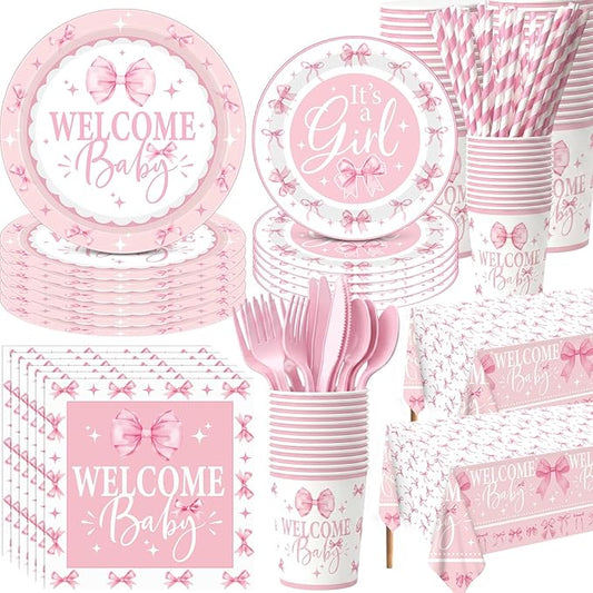 Ceenna 452 Pcs Pink Bow Baby Shower Decoration for 50, Pink Bow Welcome Baby Shower Plate Napkin Cup Tablecloth Cutlery Straw It's a Girl Disposable Tableware for Gender Reveal Party Supply