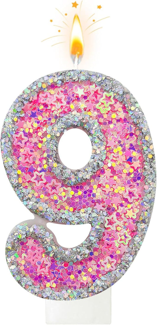 Number 9 Birthday Candle for Cake – Silver Glitter Edge with Pink Star Confetti – Decorative Number Cake Topper for Anniversary & Celebration Party Decor