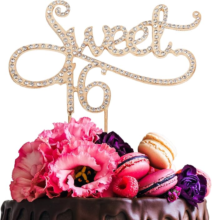 Sweet 16 Cake Topper for 16 Years Birthday Or 16th Wedding Anniversary Crystal Rhinestone Party Decoration Silver (Gold)