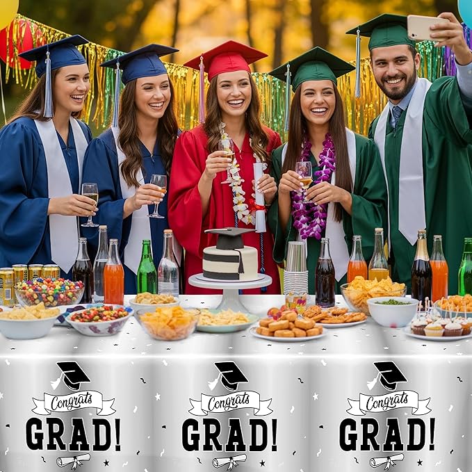 2 Pcs 2026 Graduation Table Decorations, 108" X 54" Silver Graduation Table Cloths, Rectangle TableCloth for Grad Party Supplies, Disposable Plastic Tablecover for Class 2026 Congrats Grad for Kids