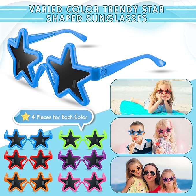Frienda 24 Pairs Kids Star Sunglasses Bulk Neon 80s Rock Star Toddler Party Favor Funny Glasses Accessories for Rock and Roll Birthday Party Photo Props