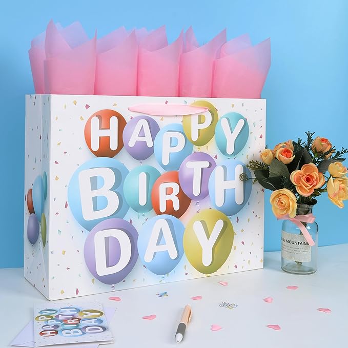 wishinside 16.5” Extra Large Happy Birthday Gift Bag Set with Handles, Greeting Card, Pink Tissue Papers and Stickers for Girls Kids Women, Colorful Balloon Design, 1 Pcs