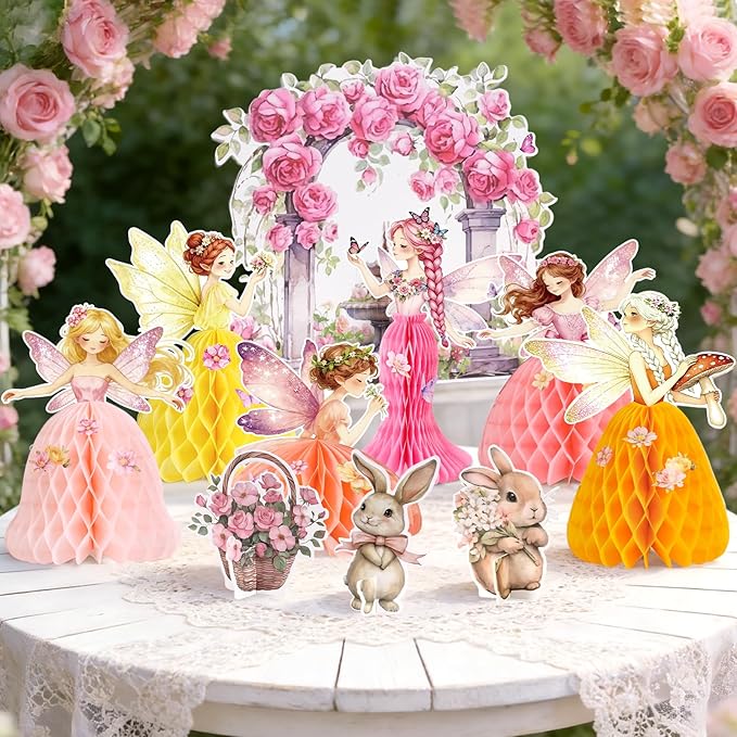 SUNBEAUTY Fairy Birthday Party Decorations Fairy First Centerpieces for Tables 3D Fairies Honeycomb Centerpieces with Rabbits Enchanted Party Table Topper for Spring Garden Woodland Forest Birthday