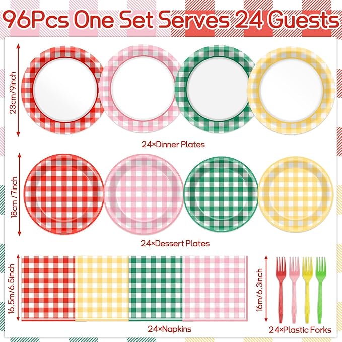 96 Pcs Camp Checkered Paper Plates and Napkins Plaid Checkered Bachelorette Party Supplies Glamping Birthday Tableware Set Spring Summer Plaid Camping Themed Party Favors Baby Bridal Shower