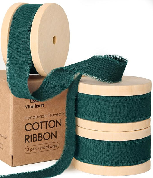 Vitalizart Green Cotton Ribbon Handmade Fringe 5/8" x 21 Yd Dark Green Pure Natural Cotton Ribbons for Gift Wrapping Wedding Invites Bridal Shower Bouquets Holiday Decor