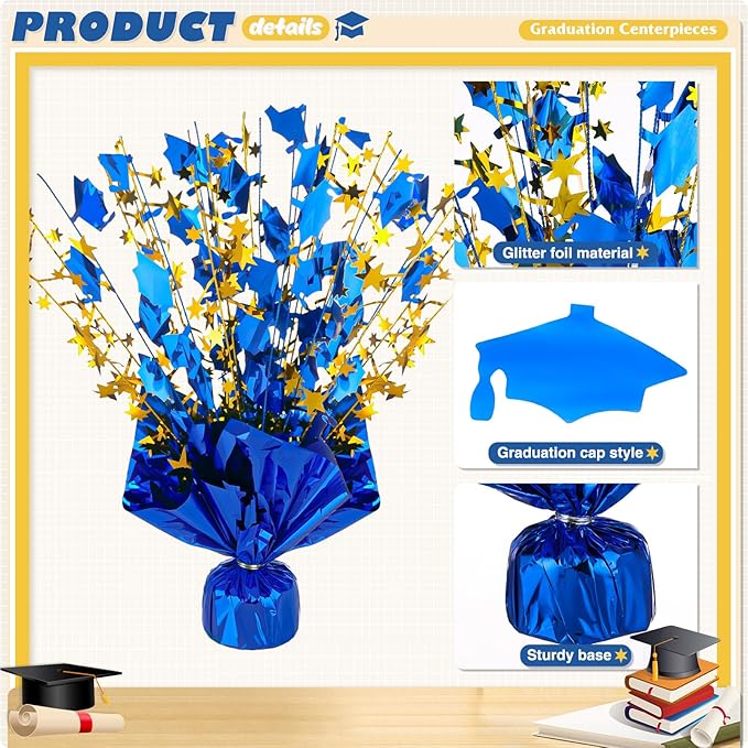 6 Packs Graduation Decorations Centerpieces for Tables Metallic Foil Star Graduate Cap Burst Tabletop Display in Blue and Gold for 2026 Grad Ceremonies Celebrations Party Decor Supplies 12"