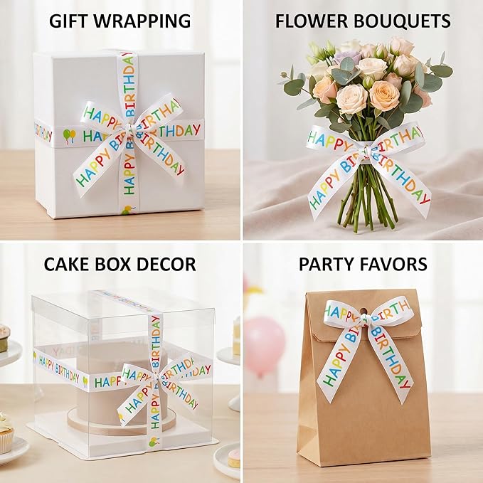 Happy Birthday Ribbon Roll for Gift Wrapping, 15 mm x 30 ft White Printed Birthday Gift Ribbon for Crafts, Party Decorations, Bouquets, Bows and Cake Table Accents