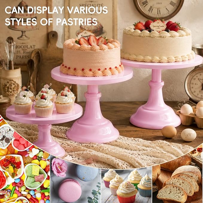 3 Pcs Metal Cake Stand, Cake Pop Stand Set of Disc Diameter 8" 10" 12", Tall Cake Stands for Dessert Table, Perfect Display for Wedding, Graduation Party, Birthday, Baby Shower, Decorations (Pink)