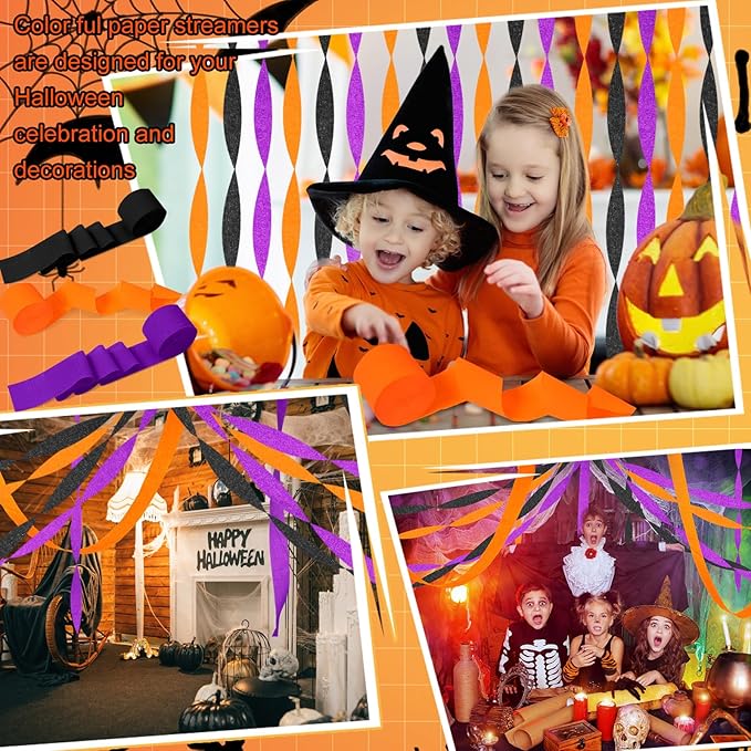 Sherr 24 Rolls Crepe Paper Streamers Hanging Party Decoration Holiday Streamers for Arty Decorations, Birthday Decorations, Wedding Decorations (Purple, Orange, Black,1.8 Inch x 98 Feet)