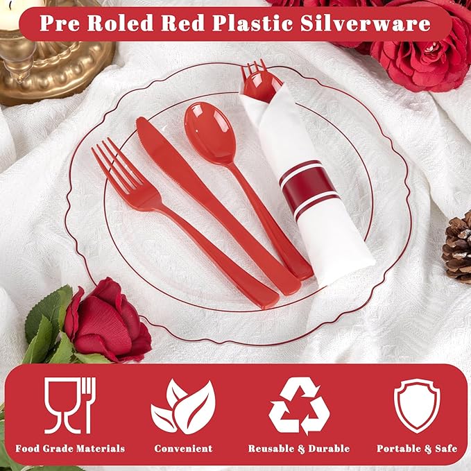 Liacere 400PCS Pre Rolled Red Silverware and Napkin - Disposable Red Plastic Utensils-Wrapped Plastic Cutlery Set with Napkin:100Forks,100Knives,100Spoons,100Napkins for Graduation & Memorial Day