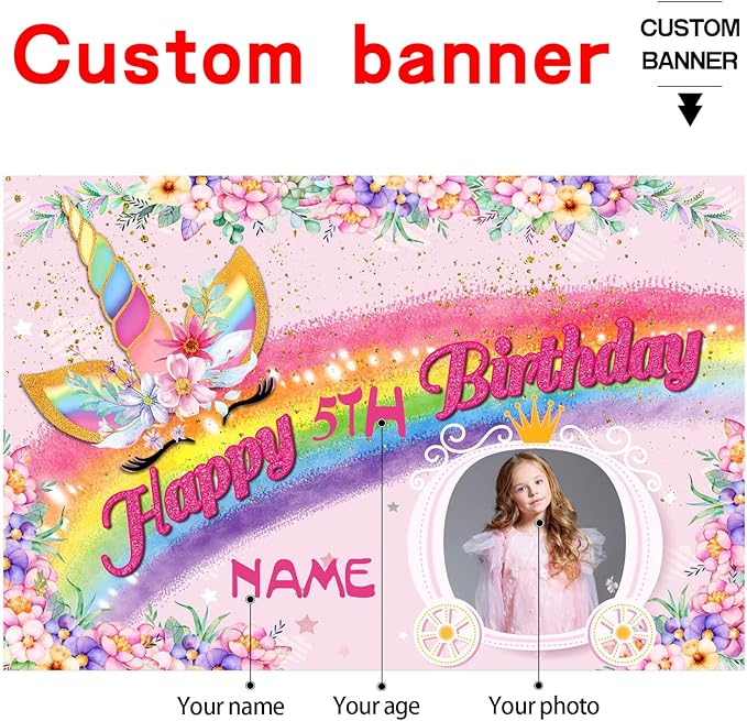 Custom Unicorn Rainbow Happy Birthday Party Decorations Supplies Personalized Unicorn Rainbow Birthday Backdrop Banner(6x9ft)