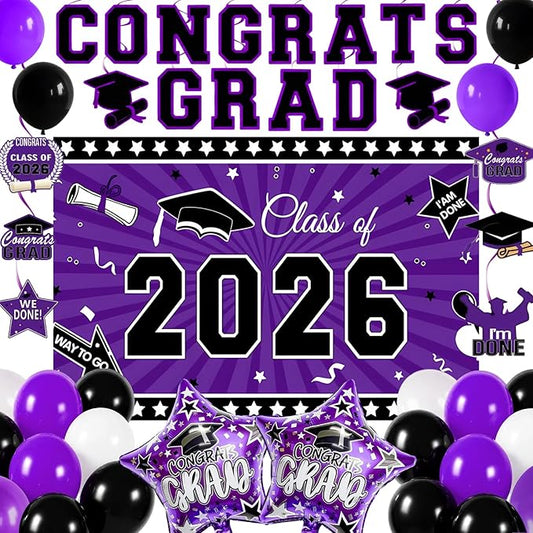 Graduation Decorations 2026, Purple Black Graduation Party Decorations Set with Class of 2026 Backdrop Congrats Grad Banner 18inch Foil Grad Star Balloons Hanging Streamers Kit for High School College