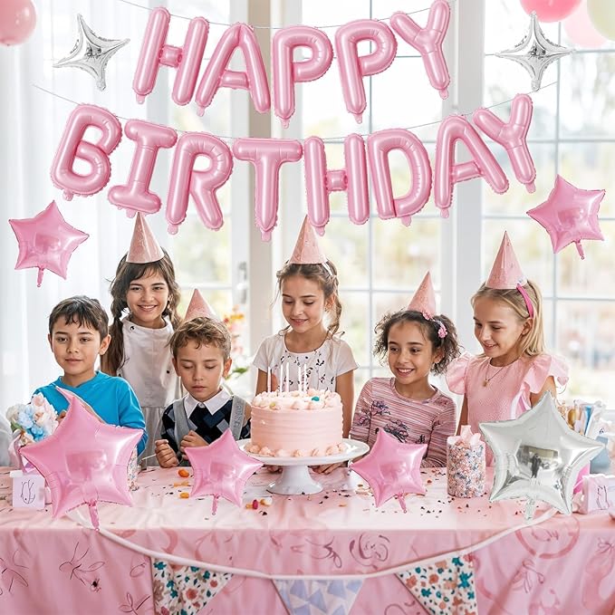Happy Birthday Balloon Banner, 16 Inch Light Pink Mylar Foil Letter Balloons, Reusable Birthday Decorations with Pastel Pink and Silver Star Balloon, Inflatable Party Supplies for Women Girls Decor