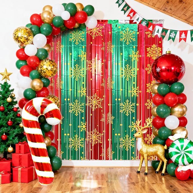 2 Packs Christmas Foil Fringe Curtain, Glitter Red Green Snowflake Metallic Tinsel Backdrop for Xmas Friendsmas Santa Claus Ugly Sweater New Years Eve Party Decoration Supplies