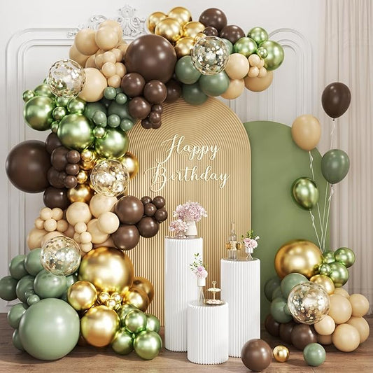 Sage Green Brown Nude Gold Balloon Garland Arch Kit, 167Pcs Latex Balloons Different Sizes 18 12 10 5 inch for Woodland Birthday Safari Jungle Baby Shower Graduation Gender Reveal Party