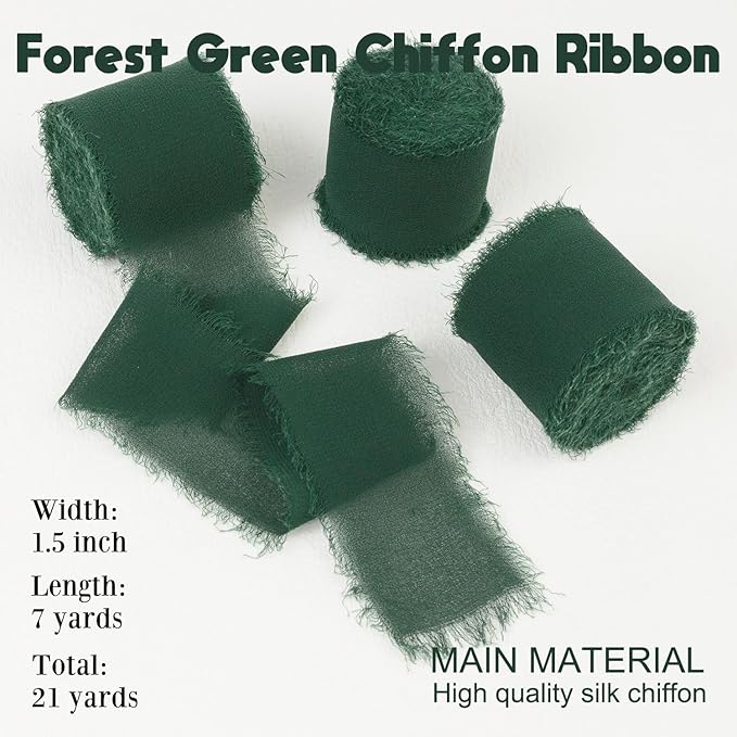 Forest Green Chiffon Fringe Silk Ribbon 1-1/2 Inch x 21 Yards - Boho Frayed Dark Green Ribbon for Gift Wrapping, Wedding Invitations, Bridal Flower Bouquets