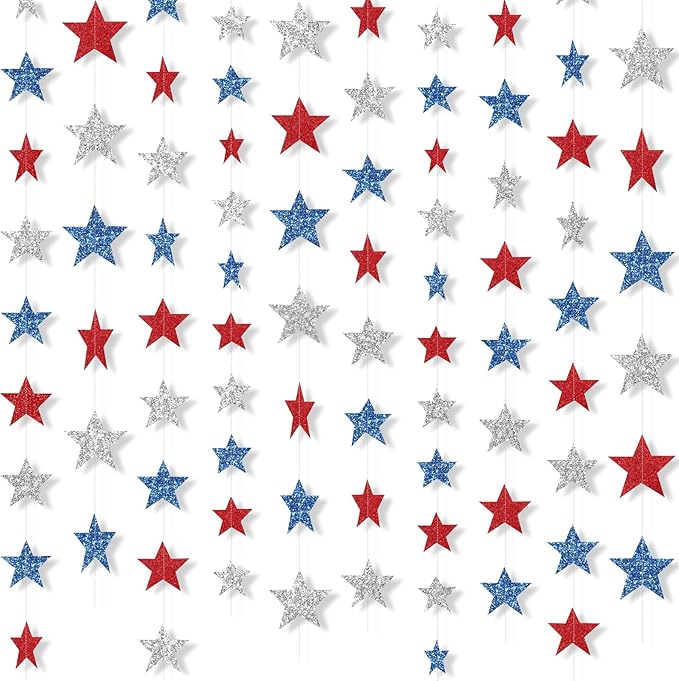 Patelai Glitter Star Garland Banner 2026 Graduation Decor 130 Feet Star Hanging Banner Twinkle Backdrop for Party Birthday Classroom Wedding Supplies(Red, Blue, Silver)