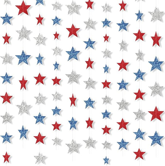 Patelai Glitter Star Garland Banner 2026 Graduation Decor 130 Feet Star Hanging Banner Twinkle Backdrop for Party Birthday Classroom Wedding Supplies(Red, Blue, Silver)