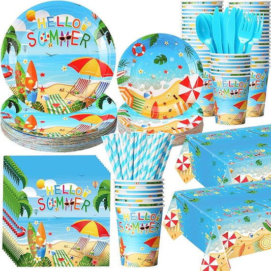Funnymoom 452 Pcs Hello Summer Party Decorations Beach Party Supplies for 50, Summer Beach Paper Plates Napkins Cups Tablecloth Cutlery Straws for Hawaiian Tropical Pool Birthday Decorations