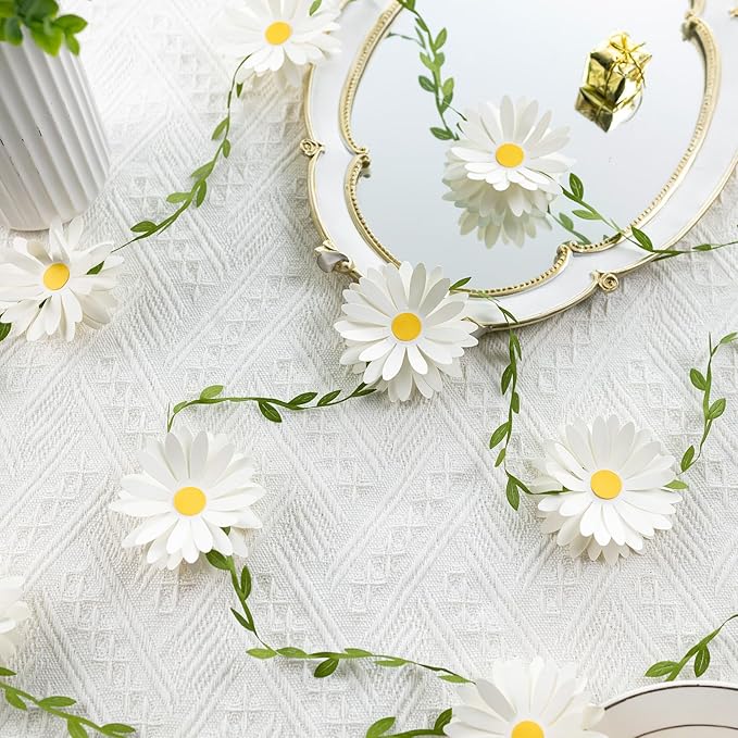 2PCS Daisy Flower Garlands, Daisy Banner Garland White Flower Hanging Garland Banner Groovy Hippie Boho Birthday Decorations for Nursery Wedding Decor
