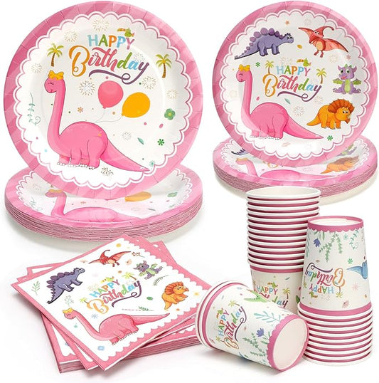 96Pcs Pink Dinosaur Plates Birthday Party Supplies, Dinosaur Paper Plates and Napkins and Cups Baby Shower Birthday Party Decorations for Girl, Serves 24