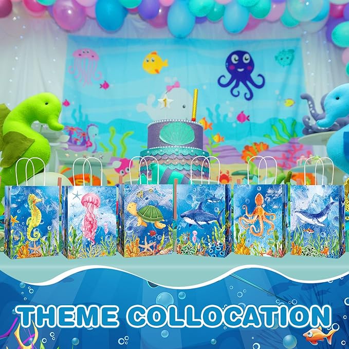 Outus 24 Pcs Sea Animals Party Gift Bags Ocean Undersea Theme Party Goodie Treat Candy Wrap Bags with Handle Colorful for Kids Girls Boys Birthday Decorations