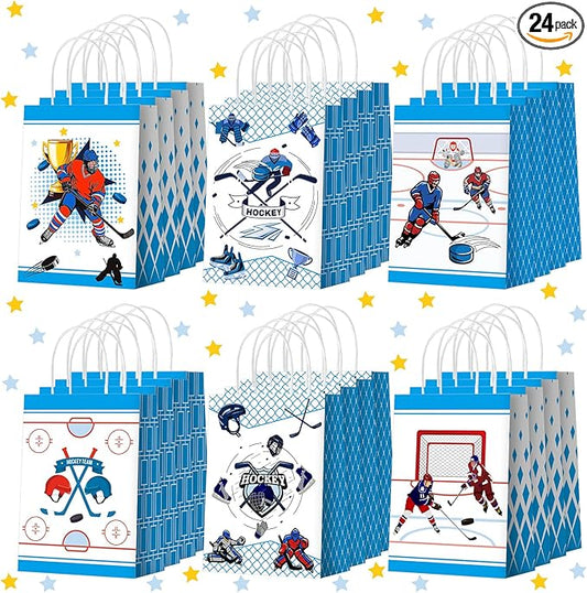 Kolldenn 24 Pcs Winter Hockey Party Favors Bags Hockey Gift Goodie Paper Bags with Handles Winter Sports Theme Candy Treat Pouch for Birthday Party Decorations Supplies