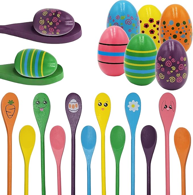 Painted Easter Egg and Spoon Race Game Set, Family Game for Kids & Family Activity Holiday Outdoor Yard Easter Egg Hunt Birthday Party Front Lawn