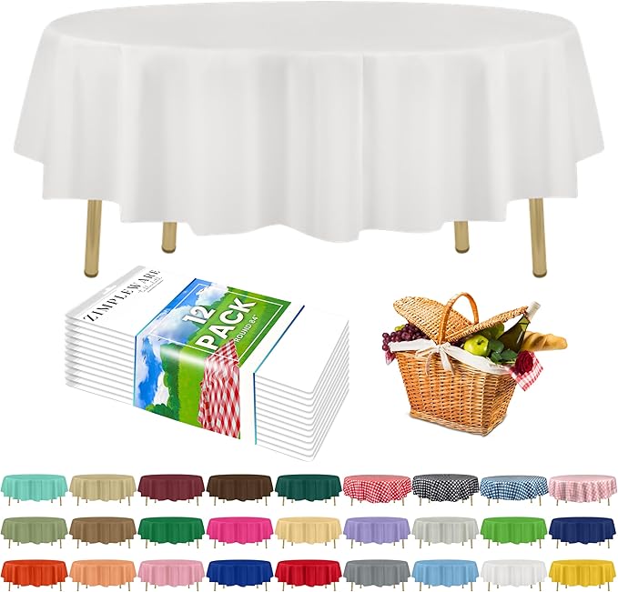 ZIMPLEWARE Premium White Plastic Table Cloth Disposable (12 Pack) Round Tablecloth (84in) Party Table Cloths Disposable, Perfect Table Cloth Round Cover for Any Table Up to 6 Feet
