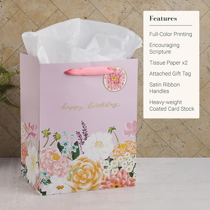 Christian Art Gifts Large Portrait Inspirational Gift Bag, Tag & Wrapping Tissue Paper Set for Women: Happy Birthday Golden Greeting Message, Easy Carry Satin Ribbon Handles, Pink Multicolor Floral