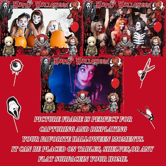 Halloween Photo Booth Props Kit – 16 Pcs Party Selfie Frame and Photo Props for Indoor Outdoor Decorations, Pumpkin Ghost Bat Designs for Halloween Events (Red)