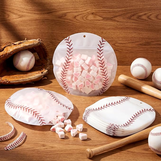 Resurhang 60 Pcs Baseball Treat Bags Candy Zipper Cute Baseball Food Goodie Gifts Bags Resealable Sport Themed Snack Candy Containers for Sport Birthday Baby Shower Supplies