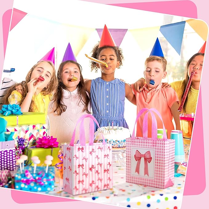Sweetude 40 Pcs Pink Bow Gift Party Favor Bags with Handle, Non Woven Goodie Bags Birthday Favor for Birthday Baby Shower Packaging Supplies