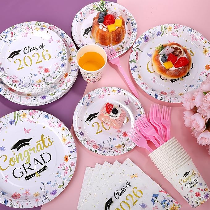 Kochorie 144 Pieces Floral Graduation Party Decorations, Class of 2026 Pink Wildflower Congrats Grad Tableware Sets Including Paper Plates Napkins Cups Forks for Women College High School, Serves 24