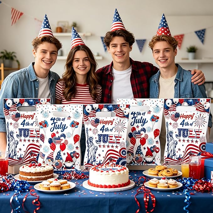 MOIZYNG 50Pcs Happy 4th of July Gift Bags with Handles, Patriotic Red White Blue Plastic Candy Treat Goodie Bags for Fourth of July Independence Day Party Favors Supplies